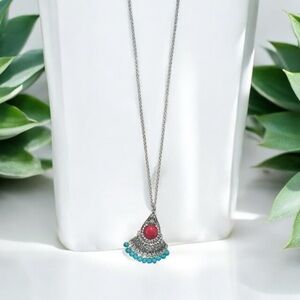 Teal and Red Moon Howlite Aztec Pendant with Rhinestones Necklace 22in